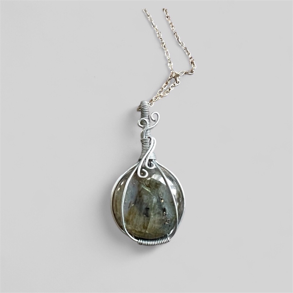 Labradorite Wire Wrapped Pendant Sterling Silver Plated Chain Necklace